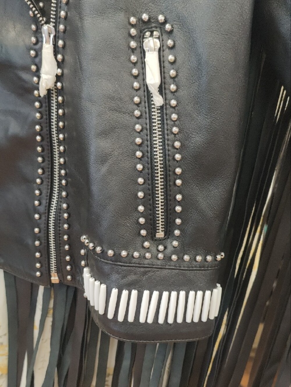 Nasty Gal Geunine Black Leather Moto Jacket with White Stud Sunburst Details - Picture 7 of 11